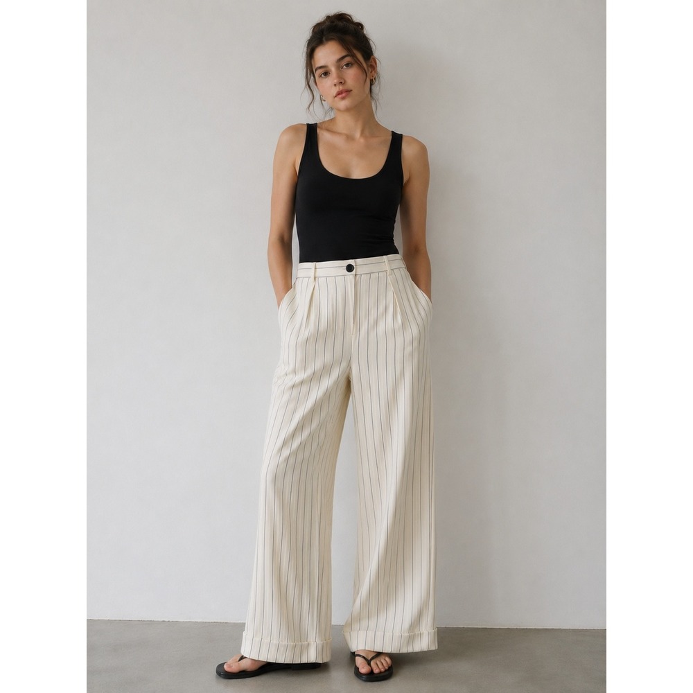 Worthington Wide Leg Pinstripe Pleated Trousers 12 Ivory 90s Minimalist Preppy